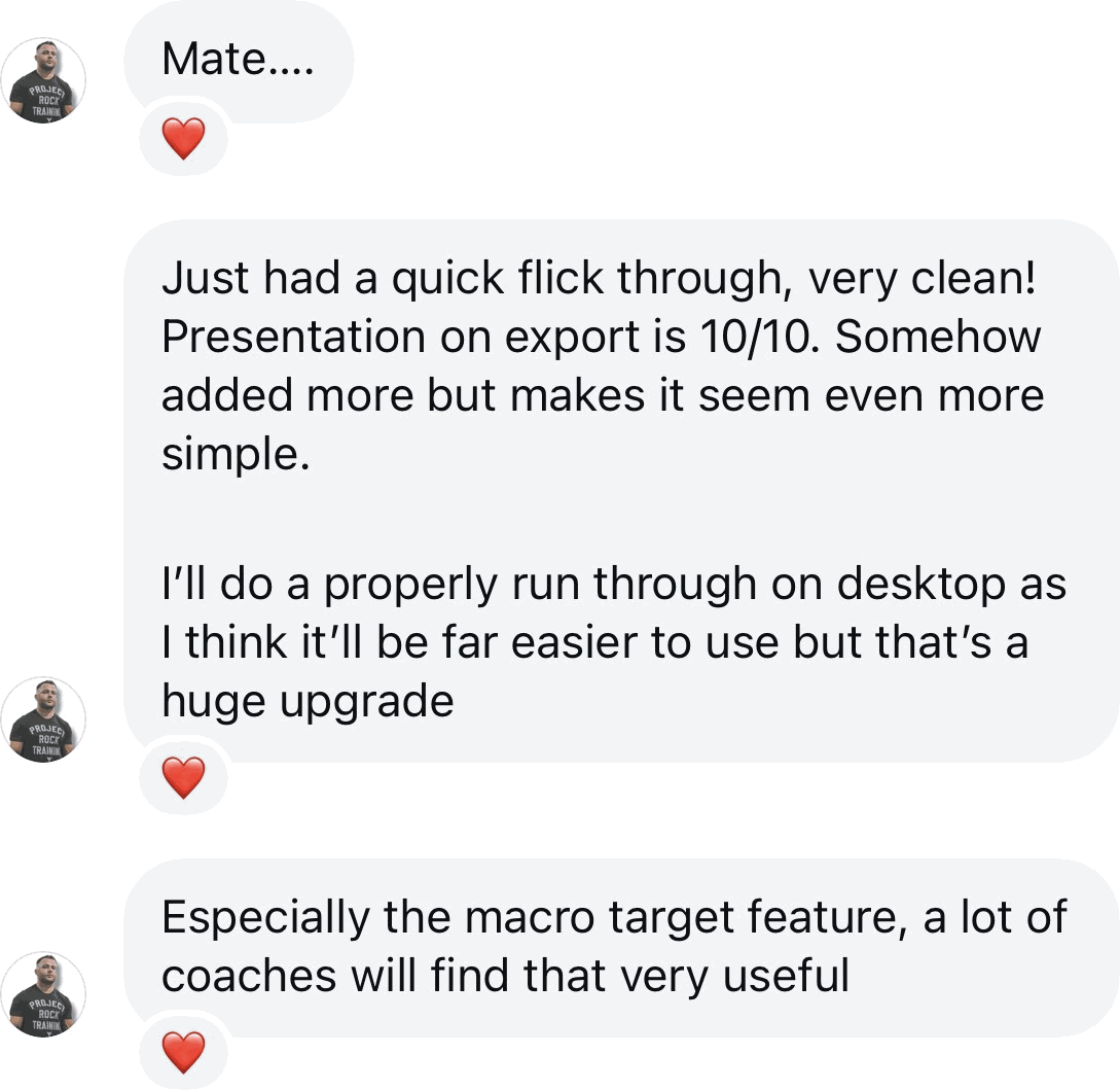 Coach DM: Presentation on export is 10/10. The macro target feature, a lot of coaches will find that very useful